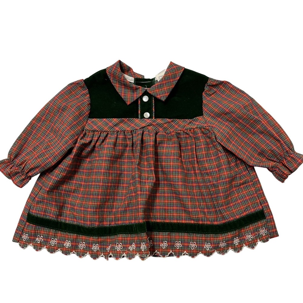 Vintage Sears Top Red Plaid Green Velvet Crochet Scallop Trim Girls 4T‎ Holiday